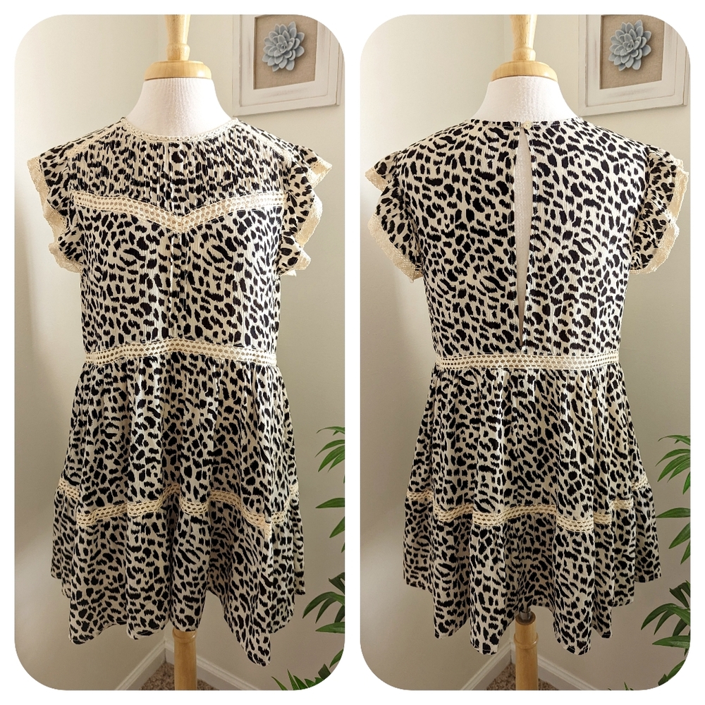 By Together Animal Print Lace Tiered Tunic Mini Dress Black Cream Medium
